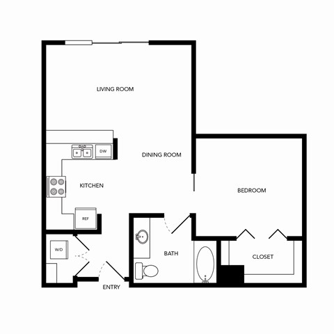 Floor plan for 1 bed, 1 bath, 776 sqft